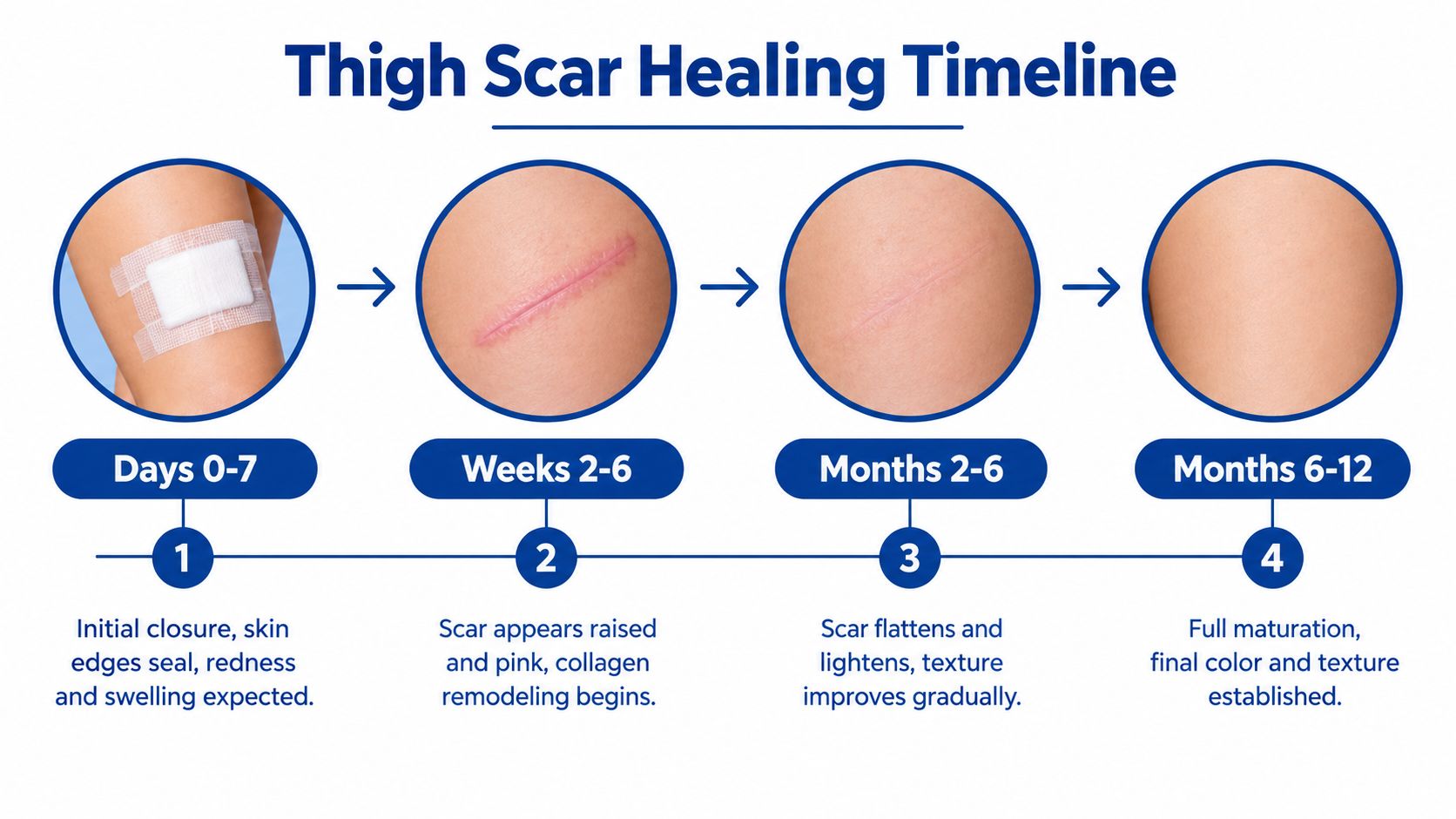 A diagram illustrating the thigh scar healing process over time from initial closure to full maturation.