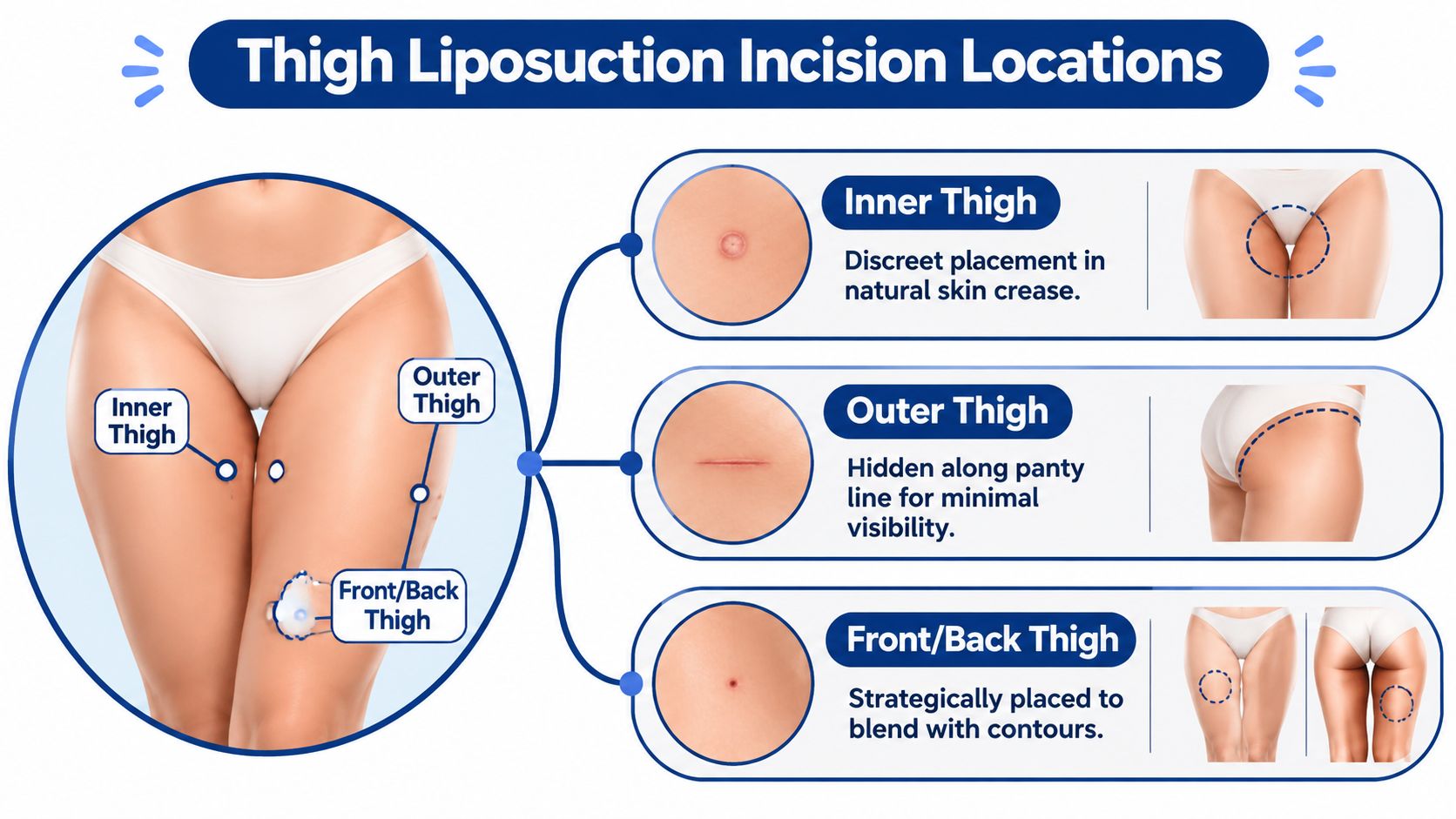 A diagram illustrating the typical placement and appearance of liposuction incisions on different parts of the thigh.