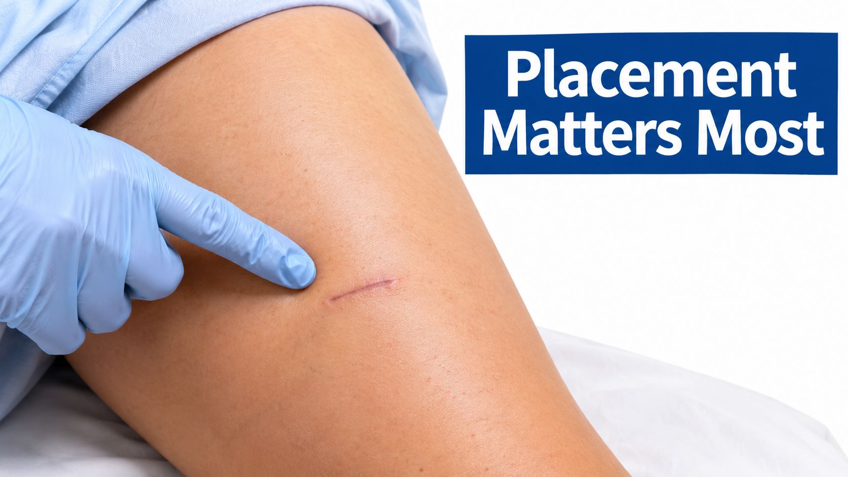 A gloved hand pointing at a surgical scar on a person's upper thigh, illustrating medical placement.