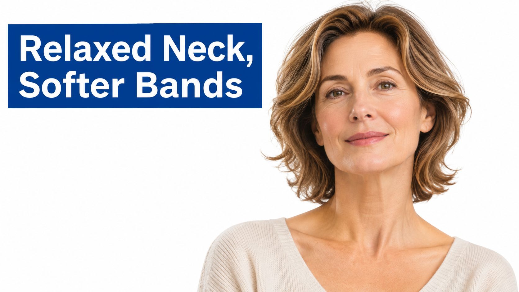 A middle-aged woman with a smooth, relaxed neck and defined jawline smiling at the camera.