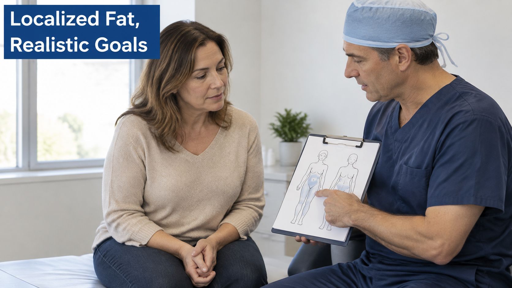 A surgeon explaining body fat removal procedures to a female patient using a medical diagram on a clipboard.